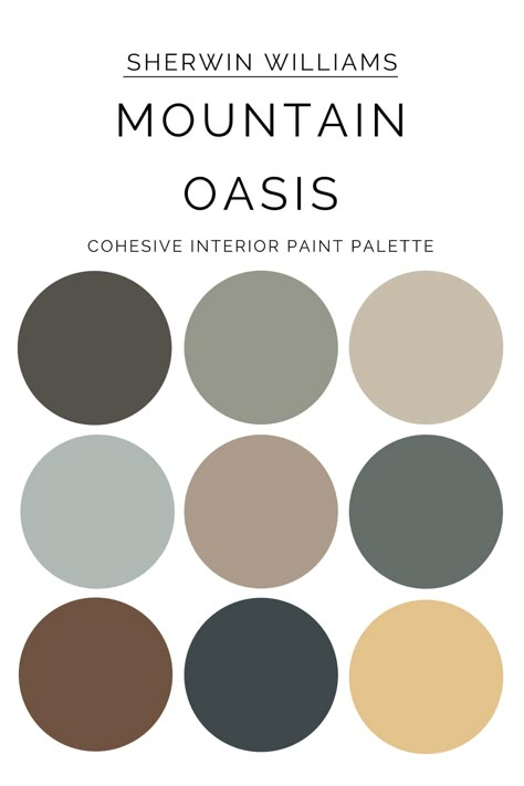 Sherwin Williams Mountain Oasis Paint Palette, Mountains, Neutral Paint Color, Room Paint Color, House Paint Palette, Boho Paint Color - Etsy Mountain Paint Colors Interior, Paint Themes For House, Mountain House Interior Paint Colors, Mountain Home Paint Colors Interior, Rustic Home Color Palette, Mountain Cabin Color Palette, Cozy Earthy Home, Cabin Color Schemes, Earthy Neutral Color Palette