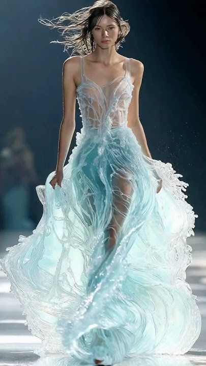 Neural Fashion Show (water) Water In Fashion, Sea Dress Fashion, Fashion Inspired By Water, Wet Outfits, Water Inspired Fashion, Clothes Underwater, Elemental Aesthetic, Water Costume, Water Mood Board