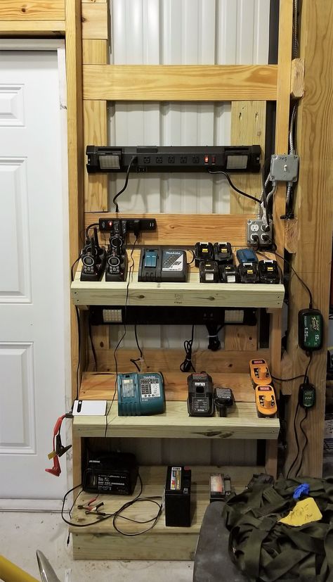 Built a charging station for a client to better organize all those different batteries and chargers. power strips have LED lights to. Camera Charging Station, Garage Charger Station, Garage Charging Station, Garage Battery Charging Station Diy, Power Tool Battery Charging Station Diy, Drill And Battery Holder Garage Storage, Electric Car Charging Station Home, Charging Station Ideas, Battery Charging Station