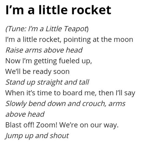 I'm a little rocket. Science Fingerplays, Rocket Ship Song Preschool, Space Songs Preschool, Kids Room Space Theme, Vbs Camping Theme, Room Space Theme, Songs For Preschoolers, Space Lesson Plans, Space Song