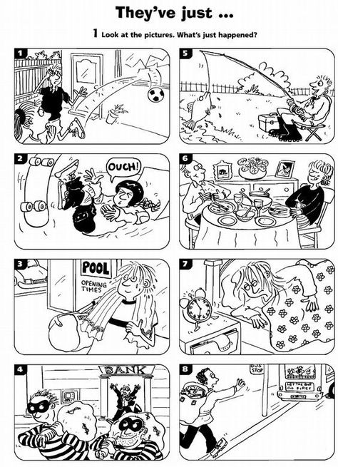 This is a fun worksheet to practice the present perfect tense. Students look at the pictures and describe what has just happened. Present Perfect Tense, Perfect Tense, English Exercises, Fun Classroom Activities, English Games, Speaking Activities, English Worksheets For Kids, Present Perfect, English Classroom