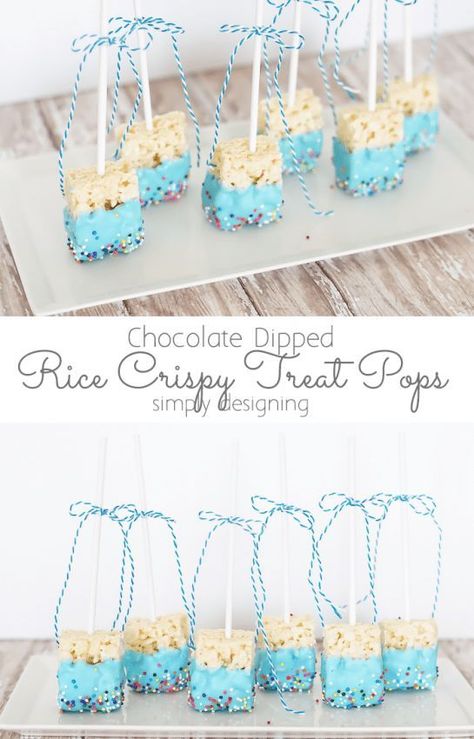 These cute Chocolate Dipped Rice Crispy Treat Pops so really simple to make but so cute! They are a perfect treat for any party or potluck and they are so easy kids can help make them! Baby Boy Shower Food, Treats Table, Rice Crispy Treat, Boy Baby Shower Food, Rainbow Snacks, Cute Chocolate, Baby Shower Cake Pops, Baby Shower Treats, Shower Desserts