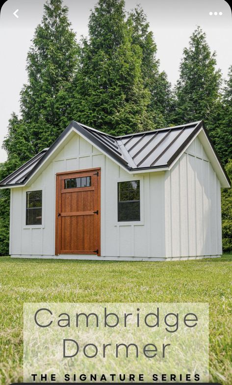 White Garden Shed Ideas, Shed With Dormer, 2 Sheds Connected, Board Batten Siding, Utility Shed, Storage Barn, Pitch Roof, Backyard Guest Houses, Cottage Tiny House