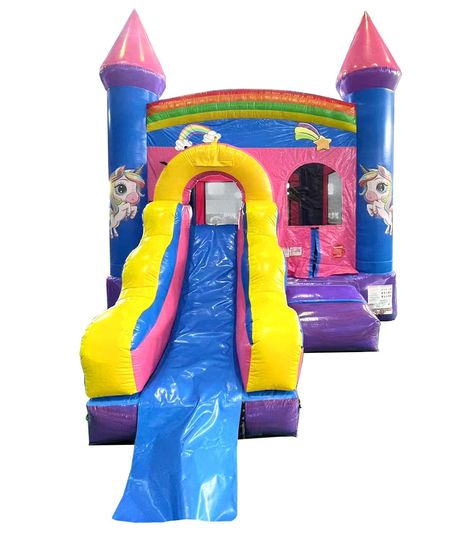 Jumpy House, Playhouses For Kids Outdoor, Colorful Castle, Playhouse For Kids, Castle Bounce House, House With Slide, Water Slide Bounce House, Kids Playhouse Outdoors, Bounce House With Slide