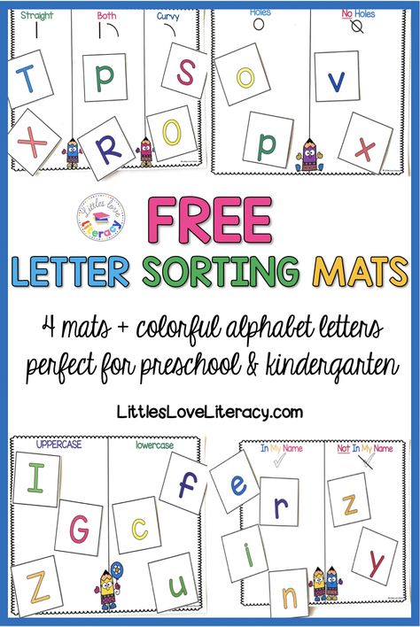 FREE printable letter sort for preschool, pre-k, and kindergarten. This FREE download includes a set of 4 letter sorting mats & alphabet rainbow letters. Sort in different ways such as in my name vs. not, holes vs. no holes, uppercase vs. lowercase, & curvy vs. straight vs. both. Also includes a black and white version to save colored ink. Great activity for back to school! #littlesloveliteracy #kindergarten #preschool #alphabet Number And Letter Sorting Preschool, Letter Sorting Activities For Preschool, Chrysanthemum Activities, Letter Sorting Activities, Literacy Groups, Sound Activities, Letter Sorting, Prek Literacy, Letter Sort