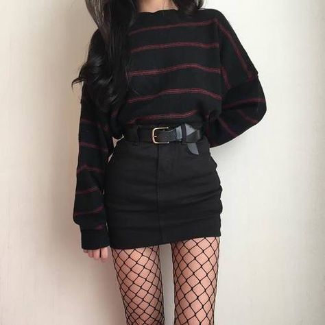 Black and Red Striped Long Sleeve, Black Denim Skirt, Black Belt, Black Fishnets Grunge Punk Outfits, Grunge Style Outfits, Punk Outfits, Indie Outfits, Grunge Style, Edgy Outfits, Looks Vintage, Grunge Fashion, Grunge Outfits