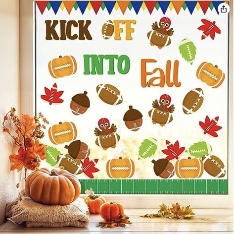 What You Get: You will receive 100pcs fall theme cut-outs with texts and pattern designs, the text "Kick Off into Fall" each has 2pcs, the pattern each has 10pcs and 2 different fall bulletin board borders each has 16pcs, and 6pcs glue points for you to stick, sufficient quantities and delicate patterns that can meet your different needs for decoration. Happy Fall Bulletin Board Ideas, Happy Fall Y'all Bulletin Board, Cute Fall Bulletin Board Ideas, Football Bulletin Board Ideas, Fall Board Ideas, Fall Bulletin Board Ideas For Preschool, Pumpkin Name Tags, Football Bulletin Boards, Speech Classroom