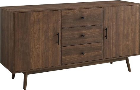 Amazon.com - Crosley Furniture Lucas Mid Century Sideboard Buffet Cabinet with Storage, Brown - Buffets & Sideboards Countertop Appliance Storage, Dining Room Console, Dining Sideboard, Deep Storage, 3 Drawer Storage, Room Dark, Dining Room Sideboard, Kitchen Buffet, Dining Room Buffet