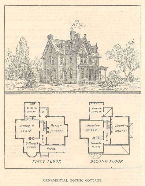 1890 House Plans, Gothic Victorian Home Floor Plans, Sims 4 1890 House, Gothic Victorian House Plans, Southern Gothic House, Victorian House Floor Plans, Gothic House Plans, Gothic Revival Cottage, Victorian Gothic House