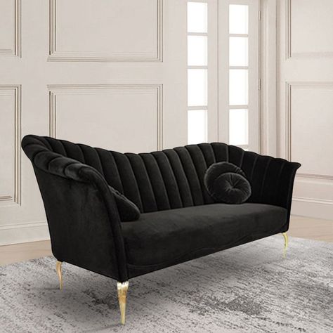 86.6" Black Velvet Upholstered Sofa Channel Tufted 3-Seater Sofa Stainless Steel in Gold Gold Couch, Black Velvet Sofa, Gold Sofa, Gold Legs, Types Of Sofas, Velvet Upholstery, Velvet Material, Velvet Cushions, Upholstered Sofa