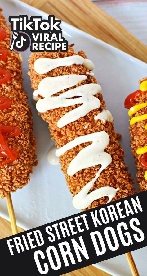 Korean corn dogs at home with this easy, step-by-step recipe. Loaded with crunchy panko-covered batter around string cheese and savory sausage or hot dogs, these street food favorites will leave you craving for more. Great for parties, snack time, or even a unique dinner. Click to explore the world of this delicious Korean street food made easy in your own kitchen. TikTok Viral! #KoreanCornDogs #StreetFood #EasyRecipes #HomeCooking #KoreanRecipes #DIY #SnackIdeas #PartyFoods Korean Street Corn Dogs, Loaded Corn Dogs, Street Hot Dogs Recipes, Korean Corn Dog Recipe Video, Korean Hotdogs Recipe, Corndog Recipes, Korean Cheese Corn Dog, Korean Hotdogs, Korean Hot Dog Recipe