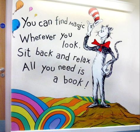 School Wall Painting Ideas Classroom English, You Can Find Magic Wherever You Look, Dr Seuss Mural Ideas, School Library Wall Murals, School Library Mural Ideas, English Murals School, Dr Seuss Library Ideas, Book Mural Ideas, Book Mural Wall Art