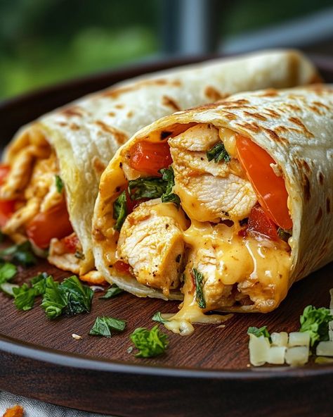 WOULD YOU EAT THIS TREMENDOUS 🧀 Cheesy Garlic Chicken Wraps 🌯 🔥 A quick, cheesy, and garlicky wrap perfect for lunch or dinner—family-approved! 🔥 🌯 Ingredients 🌯 - 2 cups cooked chicken breast, shredded - 1 cup shredded mozzarella cheese - 1/2 cup cream cheese, softened - 2 cloves garlic, minced - 1/2 tsp Italian seasoning - 4 large flour tortillas - 1 tbsp butter, melted - Salt and pepper to taste - Fresh spinach or lettuce (optional) 🍳 Instructions 🍳 1. Mix the Filling: In a ... Wrap Ingredients, Bbq Dishes, Resep Diet, Healthy Food Dishes, Food Drink Photography, Chicken Wraps, Healthy Food Motivation, Food Goals, Food Obsession