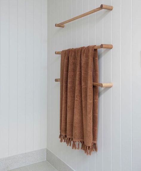 Vj Panelling Feature Wall, Panelling Feature Wall, Vj Panelling, Wooden Towel Rail, Modern Shower Room, Coral House, Coastal Bathroom Design, Hook Ideas, Timber Vanity