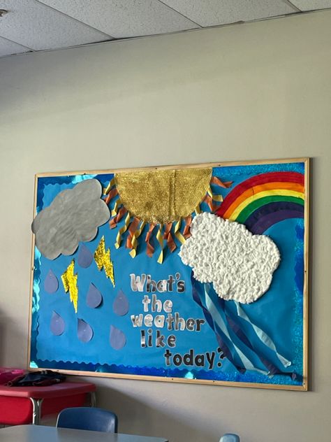 Clouds Bulletin Board, Cloud Theme Bulletin Board, Weather Bulletin Board Ideas, Weather Board Preschool, Clouds For Classroom Decor, Weather Bulletin Board Preschool, Rain Bulletin Board Ideas, Monsoon Bulletin Board Ideas, Cloud Kindergarten Decoration