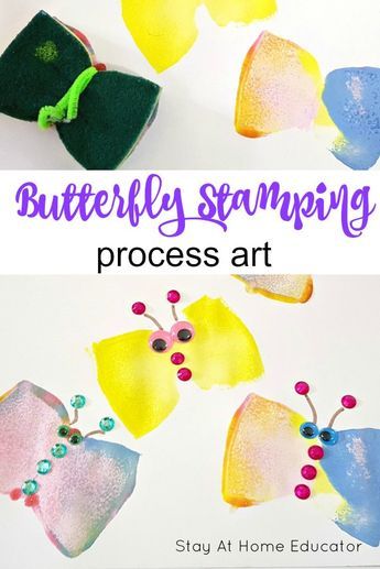 Butterfly Stamping Process Art | Fun process art activity for preschoolers.| Butterfly craft | bugs and butterflies preschool theme #kidsactivities #preschool #craftsforkids Caterpillar Butterfly Preschool, Butterflies Preschool, Preschool Butterfly Theme, Art Activity For Preschoolers, Preschool Butterfly, Process Art For Kids, Process Art Preschool, Butterfly Paintings, Traditional Butterfly