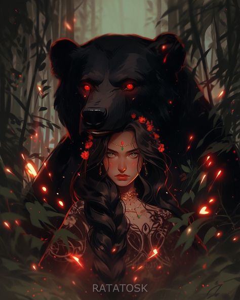 Forest witch with bear, Margarita Kuzniatsova on ArtStation at https://www.artstation.com/artwork/BXQBrk Magic Bear Art, Artio Bear Goddess, Fantasy Bear Art, Forest Witch Art, Bear Goddess, Fantasy Bear, Witch Concept, Witch Artwork, Bear Spirit Animal