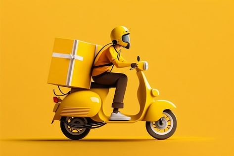 Free fast delivery service by scooter on yellow background Courier delivers food order A man delivers a parcel around town Express delivery cartoon design AI Generation Delivery Poster Design, Free Delivery Design, Delivery Cartoon, Delivery Poster, Delivery Design, Food Order, Dove Pictures, Photoshop Tutorial Typography, Ads Creative Advertising Ideas