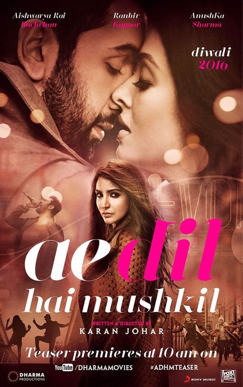 A love storm is coming! Presenting the 3rd poster of #AeDilHaiMushkil ft. #RanbirKapoor #AnushkaSharma #AishwaryaRaiBachchan.  #ADHMTeaser #KaranJohar  See more: http://filmywave.com/ae-dil-hai-mukhsil-movie-poster/ Ae Dil Hai Mushkil, Ae Dil, Tam Film, Movies Bollywood, Office Update, Indian Movie, Aamir Khan, Movies 2016, Anushka Sharma