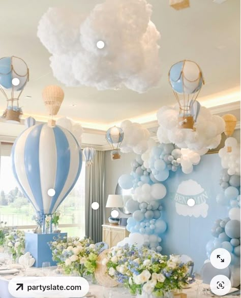 Hot Air Balloon Shower, Cloud Baby Shower Theme, Whimsical Baby Shower, Sky Backdrop, Classy Baby Shower, Adventure Baby Shower, Baby Shower Theme Decorations, New Year's Party Decorations