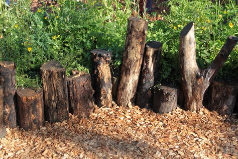 Log Fence Ideas, Using Logs As Garden Edging, Use Logs In Garden, Log Fencing, Log Roll Edging, Stacked Log Fence, Property Fence, Raised Garden Beds Logs, Log Fence