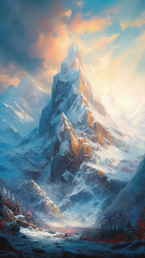 Free Download: a fantasy mountain covered in snow Fantasy Ice Mountain, Snow Mountain Fantasy Art, Tundra Fantasy Art, Fantasy Snowy Mountains, Fantasy Mountain Art, Mountain City Fantasy Art, Fantasy Mountain City, Snow Fantasy Art, Fantasy Snow Landscape