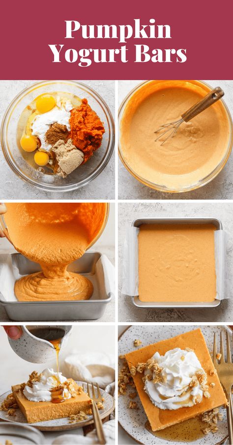 High Protein Pumpkin Bars - Fit Foodie Finds Pumpkin Puree Protein Recipes, Pumpkin Bars Healthy, Fall Dessert Bar, Healthy Pumpkin Bars, Pumpkin Yogurt, Oatmeal Cookie Bars, Yogurt Granola, Low Carb Meats, Healthier Treats