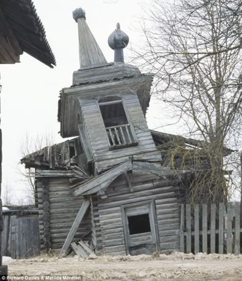 Ramshackle: This church teeters on the brink of collapse, its foundations appearing to sink into the earth Abandoned Churches, Abandoned Church, Old School House, Old Abandoned Houses, Church Pictures, Medieval Village, Wooden Buildings, Old Churches, Country Church