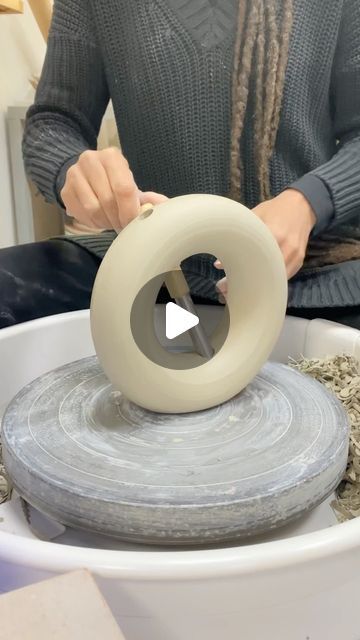 Rebecca Morris on Instagram: "Making a circle vase on the potters wheel 

#circlevase #throwing #trimming #clay #stoneware #handmade #vase #pottery #wheelthrownceramics #throwingclay #craftinaction #ceramicstudio #madeinmanchester #mcr #uk #homeware #interiors #design #bespoke #shimpowheel @shimpo_ceramics  #potterywheel #potclays #striptool #potterswheel #ceramics #oldtrafford #wheelthrownpottery" Clay Pottery Wheel Ideas, Potter Wheel Ideas, Easy Wheel Thrown Pottery, Wheel Throwing Pottery Ideas, Wheel Throwing Ideas, Pottery Wheel Projects, Wheel Thrown Pottery Ideas, Rebecca Morris, Wheel Pottery