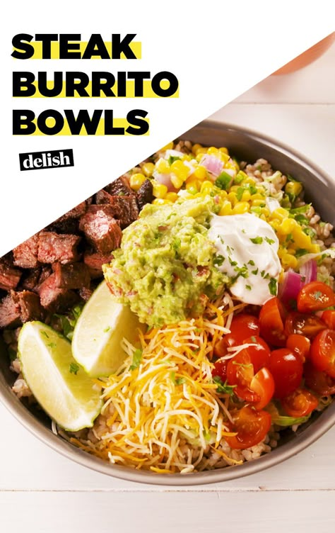 You won't find THESE Steak Burrito Bowls on the menu at Chipotle. Get the recipe at Delish.com. #recipe #easy #easyrecipe #steak #burrito #rice #guacamole #avocado #corn #mexican #cheese #healthy #healthyrecipe #easydinner #dinner #dinnerrecipe #lunch #lunchrecipe #easylunch Steak Burrito Bowl Recipe, Steak Burrito Bowl, Steak Bowl, Steak Burrito, Chipotle Bowl, Burrito Bowls Recipe, Burrito Bowls, Bowl Recipes, Burrito Bowl