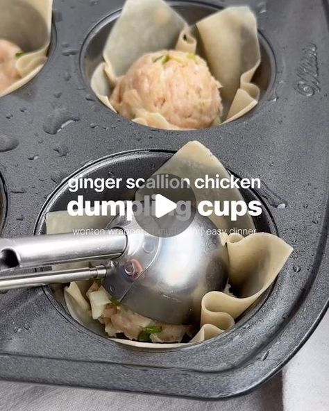 Tina Ann Trevino Vela on Instagram: "Posted @withregram • @seriousfoodfetish Chicken Dumpling Cups  •Follow @seriousfoodfetish for more recipes, restaurant recs & food trends•  Using a muffin tin to create recipes just makes life easier. Since you guys loved the crab rangoon sushi cups I made in the muffin tins, today I give you chicken dumplings that are perfect for a party appetizer or dinner!  Ingredients •1 lb ground chicken  •2 cloves garlic, grated •2 t ginger, grated or minced (skin removed) •pinch of white pepper •1.5 T soy sauce  •2 t sesame oil •4 scallions, finely chopped  •1/3 C cabbage, shredded & chopped  •1 pack wonton wrappers •avocado oil spray  •1 T chili crunch *if you like spice  •2 T dumpling or potsticker dipping sauce  •optional: furikake seasoning  Recipe *preheat o Asian Chicken Dumpling Cups, Dumpling Wrapper Cups, Ginger Scallion Chicken Dumpling Cups, Chicken Dumpling Cups, Dumpling Appetizer, Dumpling Cups, Furikake Seasoning Recipe, Chicken Wonton Cups, Potsticker Dipping Sauce