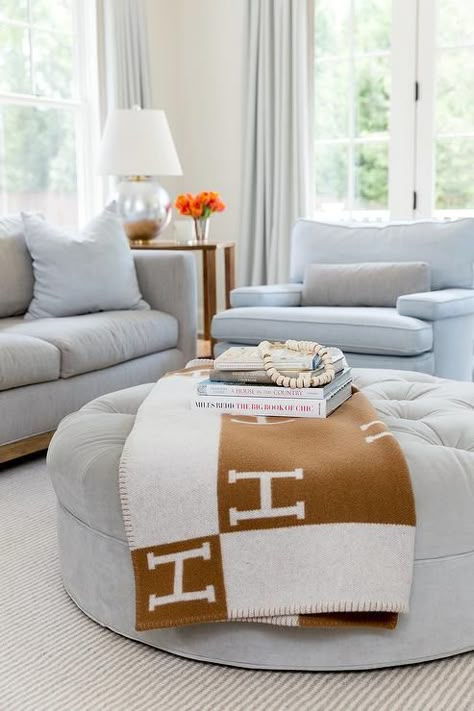 Hermès Blanket – Friday Favorites – Petite Haus Blue Furniture Living Room, Gray Pillows, Hermes Blanket, Hermes Home, Blue Chairs, Grey Pillows, Blue Chair, Blue Living Room, Gray Sofa