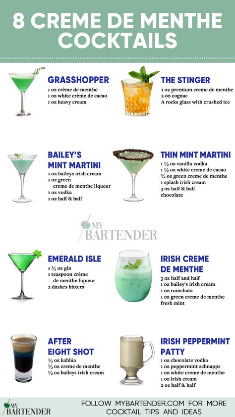 Crème de Menthe Cocktails Mint Liquor Drinks, Aperitif Drinks Cocktails, Mint Cocktail Recipes, Creme De Menthe Drinks, Grasshopper Drink Recipe, Grasshopper Drink, Grasshopper Cocktail Recipes, Grasshopper Cocktail, Bartender Drinks Recipes