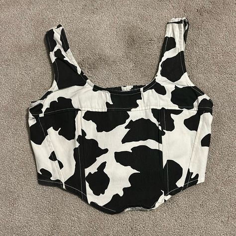 Cowgirl Going Out Top Brand New Never Worn Never Washed Cotton Fabric Cow Print Corset, White Cow Print, Denim Crop Top, Denim Corset, Star Black, White Cow, Print Crop Tops, Printed Denim, Women Corset