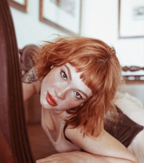 Playful Short Hair with Bangs Inspiration Ginger Hair Short With Bangs, Ginger Hair Short Bob, Dark Red Hair Short Bob, Ginger Bangs Hair, Copper Bob Hair With Fringe, Ginger Hair Fringe, Bob Ginger Hair, Ginger Bob With Bangs, Red Short Hair With Bangs