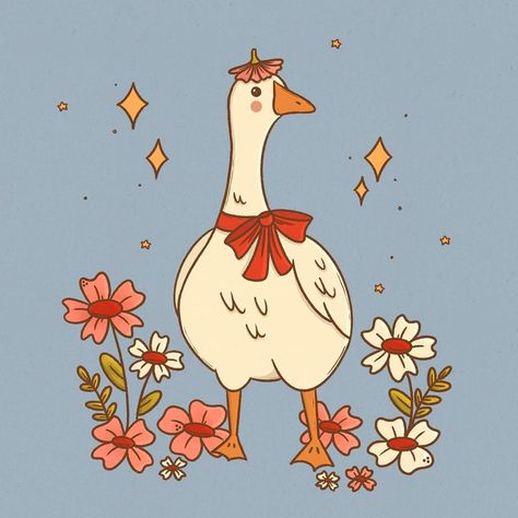 Fancy Duck Drawing, Cute Geese Drawing, Goose Cartoon Cute, Geese Paintings Art, Duck With Flower On Head, Cute Goose Illustration, Goose Art Illustrations, Christmas Goose Drawing, Goose Illustration Cute