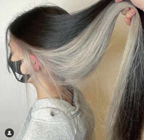 Black And Platinum Hair Underneath, White Hair Underneath, Platinum Underneath Hair, Black Hair With White Underneath, Blonde Underneath Hair, White Hair Highlights, Underdye Hair, Hair Dye Videos, Hidden Hair Color