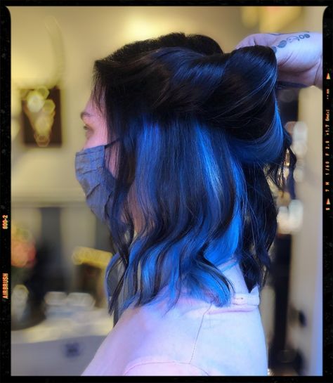 Hair Blue And Black Hair Color Ideas, Dark Hair Blue Underneath, Half Blue Hair Underneath, Blue Half And Half Hair, Black And Blue Halo Hair, Half Black And Blue Hair, Black Hair On Top Color Underneath, Blue Hair Half Up Half Down, Half Brown Half Blue Hair