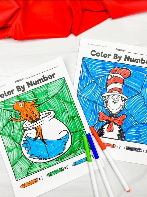 Want a fun Dr. Seuss activity for kids to do? Download these free Cat in the Hat worksheets and use with preschool, pre k, and kindergarten children. Dr Seuss Preschool Activities, Color By Number Worksheet, Language Activities Preschool, Dr Seuss Preschool, Fox In Socks, Kindergarten Craft Activities, Dr Seuss Activities, Number Worksheet, Seuss Crafts