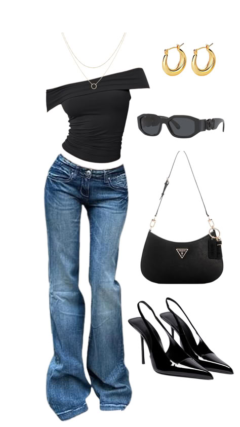 An outfit featuring a black asymmetrical top, flared jeans, black heels, a black Guess handbag, gold hoop earrings, layered necklaces, and stylish sunglasses. Flare Jeans And Heels Outfit, Elegant Outfit Classy Rich Summer, Asymmetrical Top Outfit Classy, Outfits With Flare Jeans, Rich Girl Summer, Flared Jeans Outfit Summer, Outfit With Flare Jeans, Black Jeans Outfit Summer, Everyday Chic Outfits