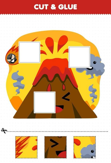 Education game for children cut and glue cut parts of cute cartoon volcano and glue them printable nature worksheet Tema Gejala Alam Untuk Tk, Cartoon Volcano, Nature Worksheet, Volcano Worksheet, Daycare Design, Cut And Glue, Game For Children, Flashcards For Kids, Baby Learning Activities