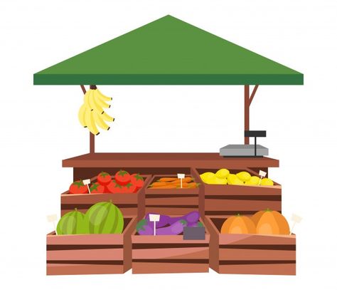 Fruits and vegetables market stall flat ... | Premium Vector #Freepik #vector #food #sale #cartoon #shopping Vegetables Market, Farm Cartoon, 2d Character Animation, Summer Market, Fruit Icons, Summer Marketing, Desain Editorial, Props Art, Fruit Shop