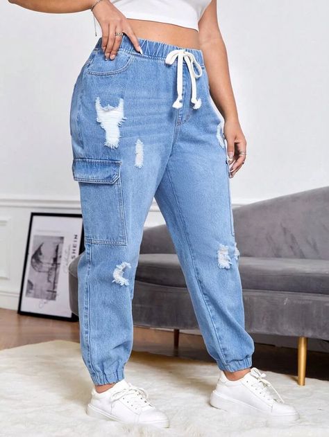 SHEIN Plus Drawstring Waist Ripped Flap Pocket Side Cargo Jeans | SHEIN USA Shein Jeans, Workwear Jeans, Winter Jeans, Jeans Cargo, Casual Belt, Jeans Casual, Cargo Jeans, Plus Size Jeans, Kids Sleepwear