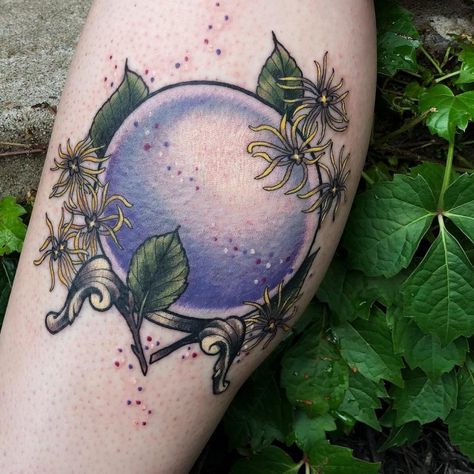 Leg Tattoos That Will Instantly Make You Want To Get One Yourself Hazel Tattoo, Crystal Ball Witch, Crystal Ball Tattoo, Balance Tattoo, Ball Tattoo, Lunar Moth, Dragon Sleeve Tattoos, Witch Tattoo, Japanese Dragon Tattoos