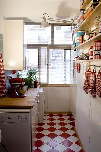 Checkered Floor Kitchen, Small Kitchen Dining Room Combo, Kitchen Spotlights, Tiny Living Space, Checkerboard Floor, Kitchen Gallery, White Floors, Upstairs Bathrooms, Tiny Spaces