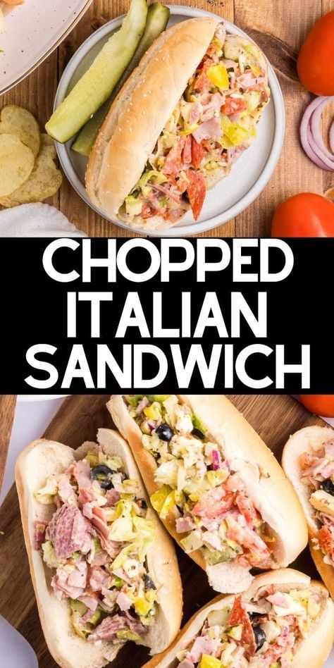 Chopped Italian sandwich on a plate. Chopped Italian Sandwich, Italian Sandwich Recipes, Italian Subs, Italian Sandwiches, Wraps Recipes, Chicken Salad Recipe Easy, Italian Sandwich, Sub Sandwiches, Sandwich Ingredients