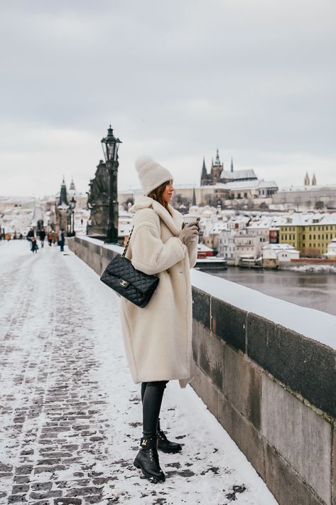 TEDDY BEAR IN SNOWY PRAGUE Prague Winter Fashion, Prague Outfit Winter, Prague Winter Outfit, Prague Outfit, Prague Winter, Max Mara Coat, Louis Vuitton Boots, White Coat, Its Cold Outside