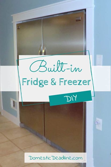 Learn how we gained twice as much cold storage, but saved thousands of dollars. Our DIY solution to expensive built-in fridge and freezer. DomesticDeadline.com Fridge Next To Pantry Cabinet, Built In Upright Freezer, Diy Built In Refrigerator, Full Fridge And Freezer In Kitchen, Fridge And Freezer Side By Side, Diy Built In Fridge, Built In Fridge And Pantry, Large Fridge And Freezer In Kitchen, Freezer In Pantry