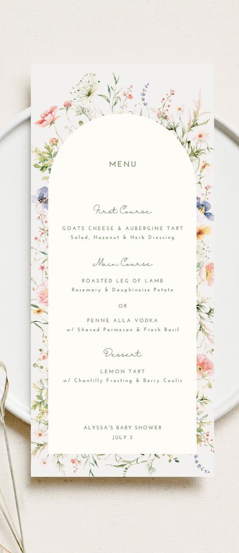 Spring Wedding Menu Ideas, Summer Wedding Menu Ideas, Menu Wedding Cards, Bridal Stationary, Wedding Menu Ideas, Wedding Menus Design, Wildflower Wedding Theme, Garden Party Invitations, Bridal Shower Menu