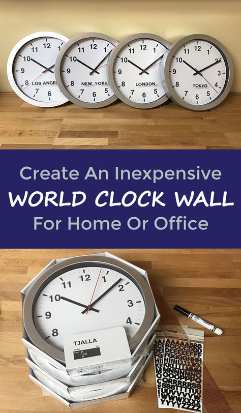 Enhance your wall decor with world clocks and without breaking the bank. This project is easy and quick to complete for even the most novice DIYer. Clock On Wall, Airplane Bedroom, Time Zone Clocks, Clock Decor Ideas, Gold Wall Clock, Office Clock, World Clock, Cute Wall Decor, Party Place